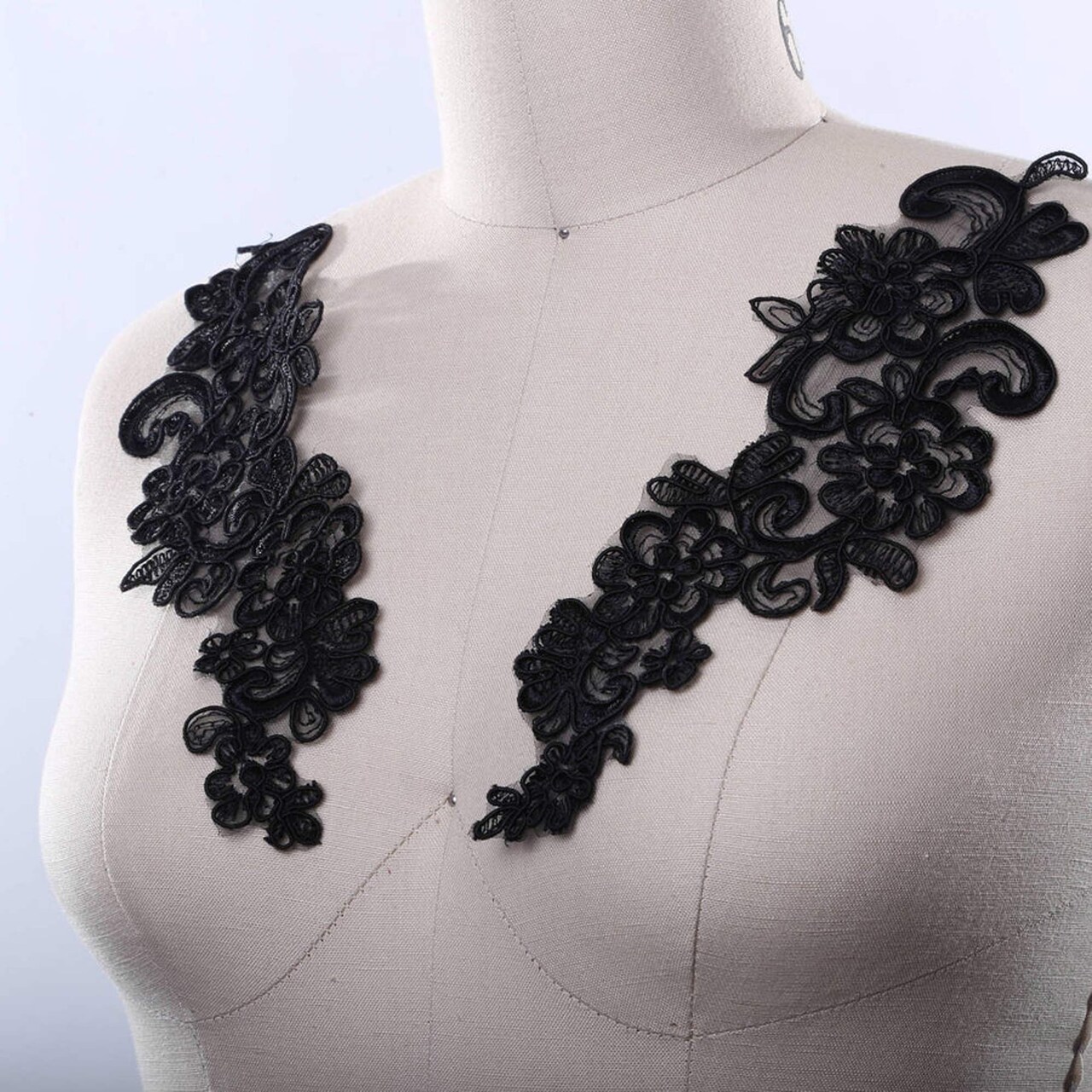 2 Pieces Small 7.25x3 Black Alencon Lace Patch Applique Floral Swirls